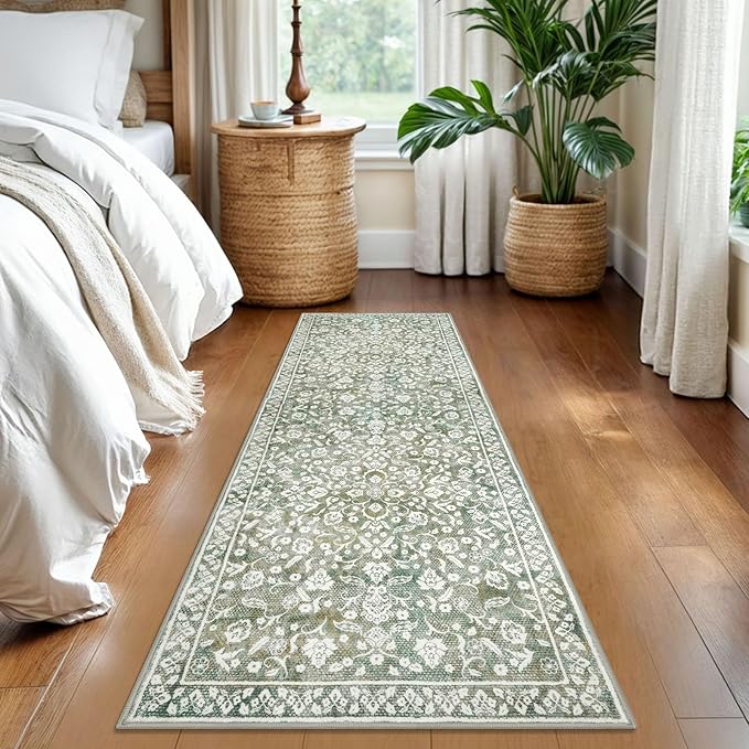 Vintage Washable Runner Rug 2x6, Sage Green Beige Runners for hallways, Super Soft Kitchen Runner Rug Non Slip, Printed Faux Wool Floral Thin Carpet Runner for Entryway Laundry Room Bedroom