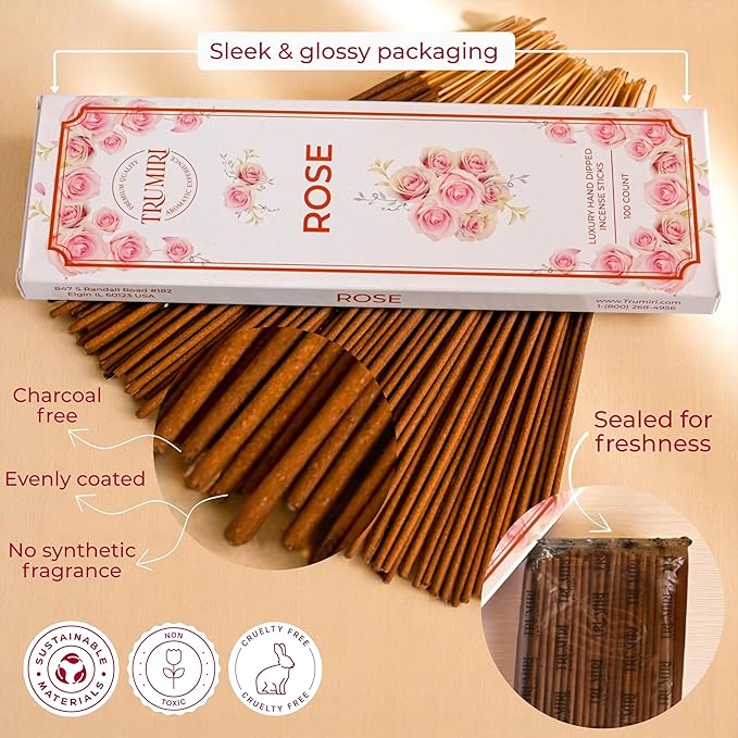 Rose Incense Sticks - Pack of 100 Insence-Sticks - Inciensos Aromaticos Made with Natural Rose Essential Oil - Scented Inscents Non Toxic Insense