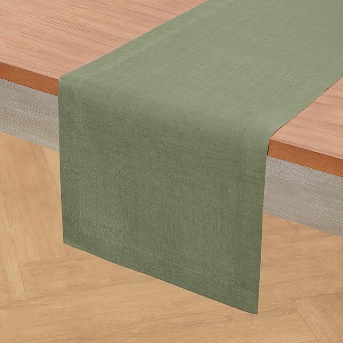 Solino Home Linen Table Runner 36 Inches - 100% Pure Linen Oil Green Table Runner 14 x 36 Inch Ideal for Dresser and Coffee Tables - Spring, St Patricks Day, Easter - Fete