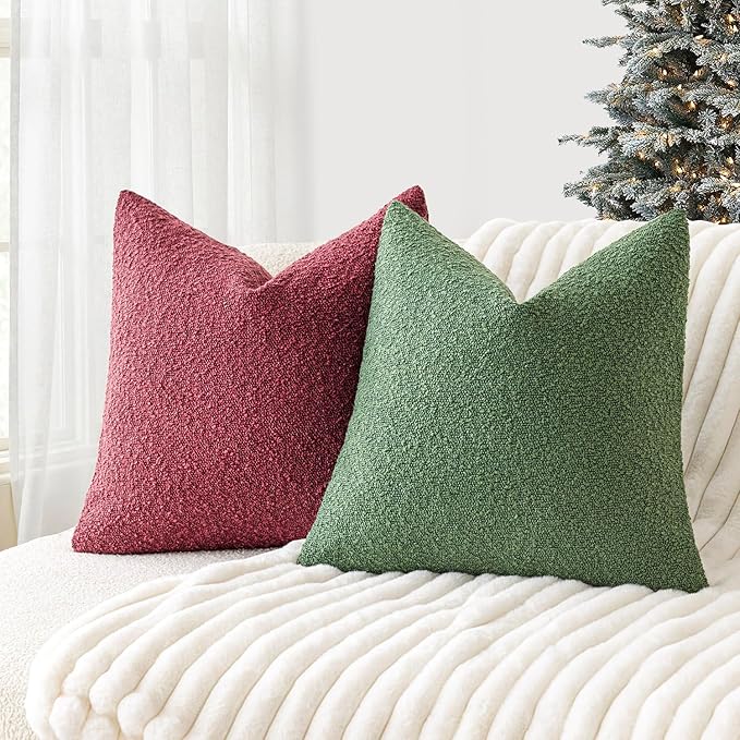 Foindtower Pack of 2 Textured Boucle Throw Pillow Covers Accent Solid Pillow Cases Cozy Soft Decorative Couch Cushion Case for Chair Sofa Bedroom Living Room Home Decor 18 x 18 Inch Hunter Green