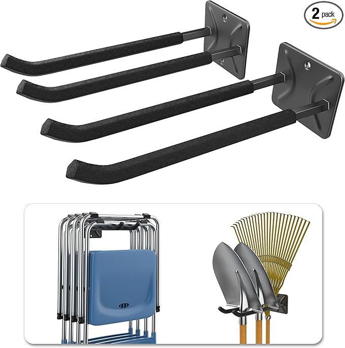 WALMANN Garage Hooks, Heavy Duty 12-inch Wall Hooks for Hanging, Tool Hangers for Car Tires, Ladders, Folding Chairs, Strollers, Garden Tools (Pack of 2)