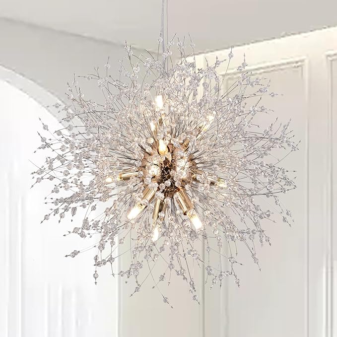9-Light Gold Crystal Chandeliers, Modern Dandelion Hanging Light, Small Round Lamp, Sputnik Beaded Pendant Lights for Farmhouse Bedroom Dining Room Living Room Kitchen Island (Gold, D19.6inch)