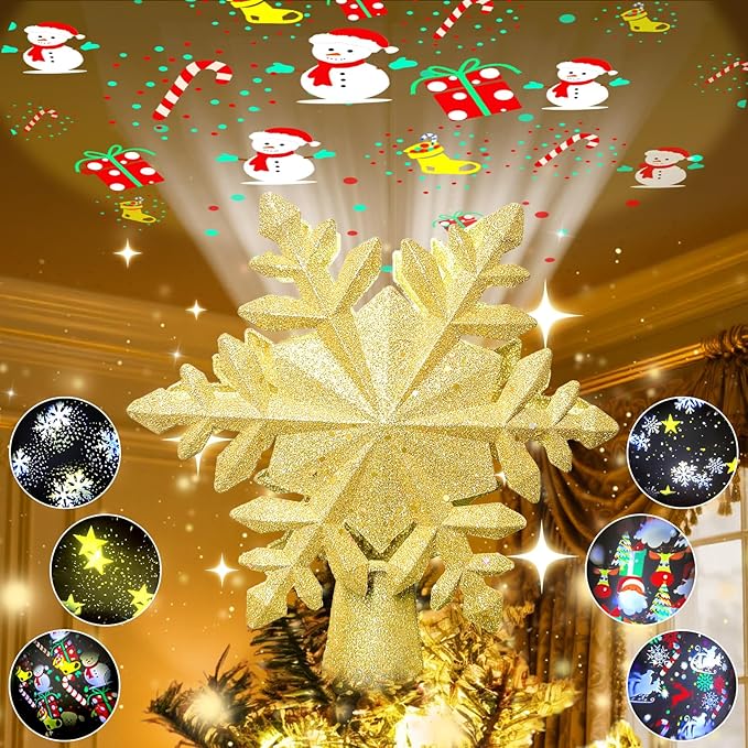 [6 Patterns] 9.05 inch Christmas Tree Topper Projector Snowflake with 6 Patterns Gold Snowflake Projector Tree Topper Plug in for Indoor Office Xmas New Year Holiday (Gold,3m Cable)