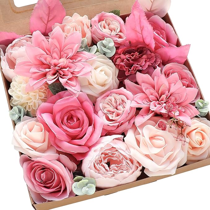 Floroom Hot Pink Blush Artificial Flowers Fake Roses Peonies Dahlias and Greenery Combo Box Set for DIY Wedding Bouquets Bridal Shower Centerpieces Floral Arrangements Party Tables Home Decorations
