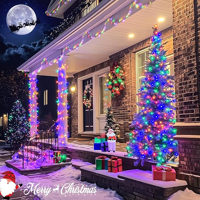 JMEXSUSS Connectable 100 LED Multicolor Christmas Lights for Tree, 8 Modes Indoor Outdoor Clear Wire, 33ft Colorful Plug-in for Christmas Tree Bedroom