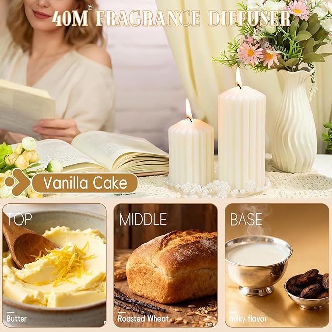 3 Pcs Scented Ribbed Pillar Candles,Natural Soybean White Pillar Candles,Modern Aesthetic Soy Wax Pillar Candle for Home Decor,2.8x4,6,8in Smokeless Non-Toxic Vanilla Cake Scented Candle for Gifts