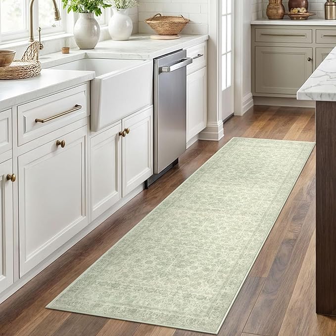 2x6 Washable Runner Rug for Hallways, Light Sage Green and Ivory Soft Neutral Vintage Kitchen Rugs with Non-Slip, Non-Shedding Distressed Floral Rug for Bedroom Kitchen Porch Laundry Entryway