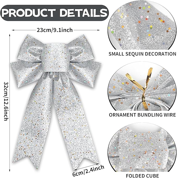 QDTK Christmas Tree Topper Bow Silver Glitter Christmas Bows Sparkly Stars Wreath Bow 13’’x9’’ Ribbon Bow for Wreaths Home Front Door Outdoor Xmas New Years Party Decorations