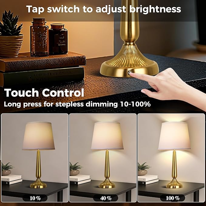 PARTPHONER Cordless Table Lamp, 5000mAh Battery Rechargeable Touch Lamp, 3-Level Brightness Bedside Lamps, Modern Portable Design, Battery Operated Desk Lamp for Patio Camping, Dining, Home, Gold