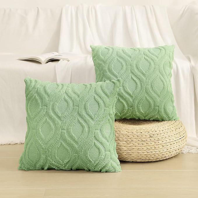 decorUhome Throw Pillow Covers 20x20 Inch Set of 2, Soft Plush Faux Wool Light Sage Green Solid Couch Pillow Covers, Accent Farmhouse Neutral Square Pillow Cases for Sofa Bed Living Room