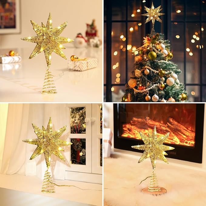 Lewondr Christmas Tree Topper, Plug in 3D Starburst Xmas Lighted Star Tree Topper, Remote Control & Timer Light Up Vintage Moravian Tree Topper for Christmas Decoraiton, Warm Light, Champagne Gold