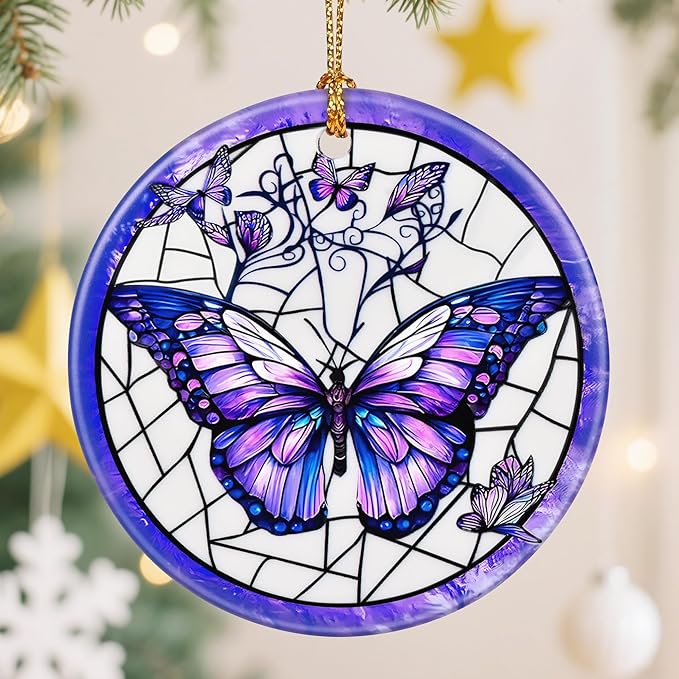 Ceramic-Style Christmas Tree Decorations, Christmas Ornaments, Double-Sided Printed Ornament Keepsakes, Holiday Decor. Xmas Gifts, Gifts for Butterfly Lovers - Butterfly-Themed