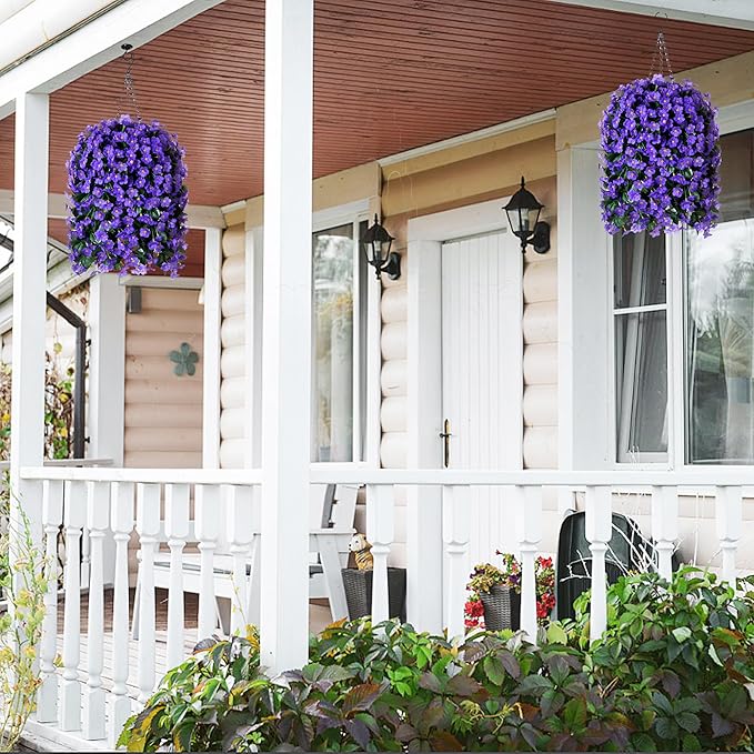 HyeFlora Artificial Faux Hanging Plants Flowers Vines for Outdoor Outside Winter Decoration, 2PCS Fake Silk Purple Daisy Mums UV Resistant Look Real Orchid Vine for Front Door Porch Planter Balcony