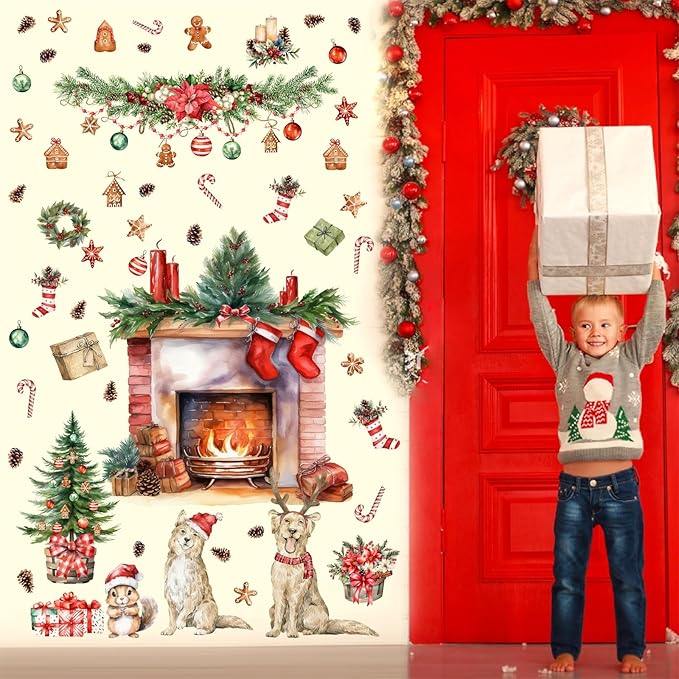 Christmas Wall Decals Merry Christmas Wall Stickers Fireplace Stickers Christmas Pine Tree Decals for Wall Removable Winter Animals Walls Art Decor for Xmas Party Supplies Living Room Home