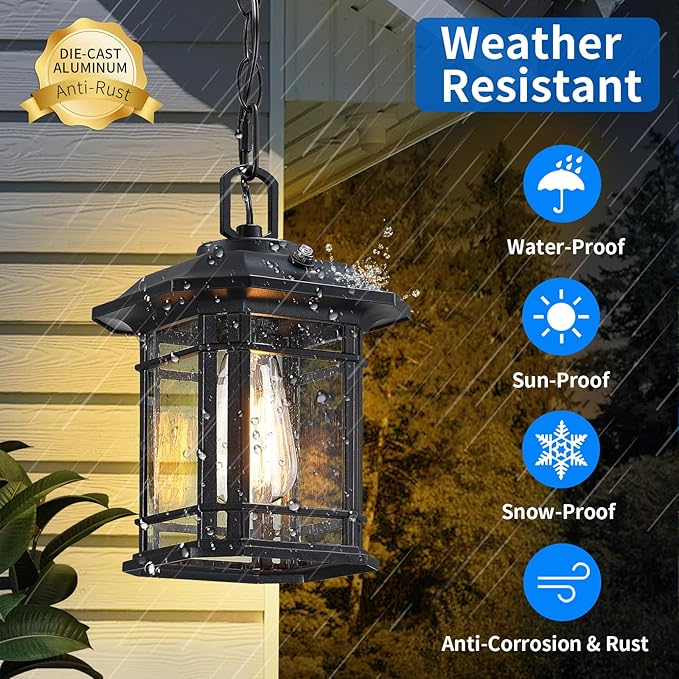 10.25'' Porch Pendant Lights - Dusk to Dawn Black Exterior Hanging Lanterns, Farmhouse Outdoor Ceiling Light Fixture, Waterproof Tempered Seed Glass Chandelier 1Pack