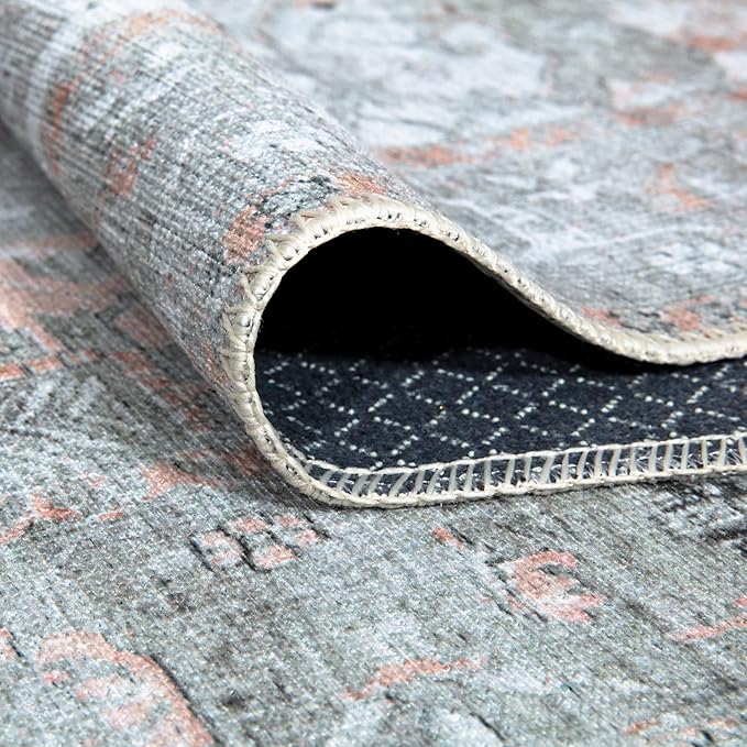 Bloom Rugs Washable Non-Slip 12 ft Runner - Gray/Coral Pink Traditional Runner for Entryway, Hallway, Bathroom, and Kitchen - Exact Size: 2.5' x 12'