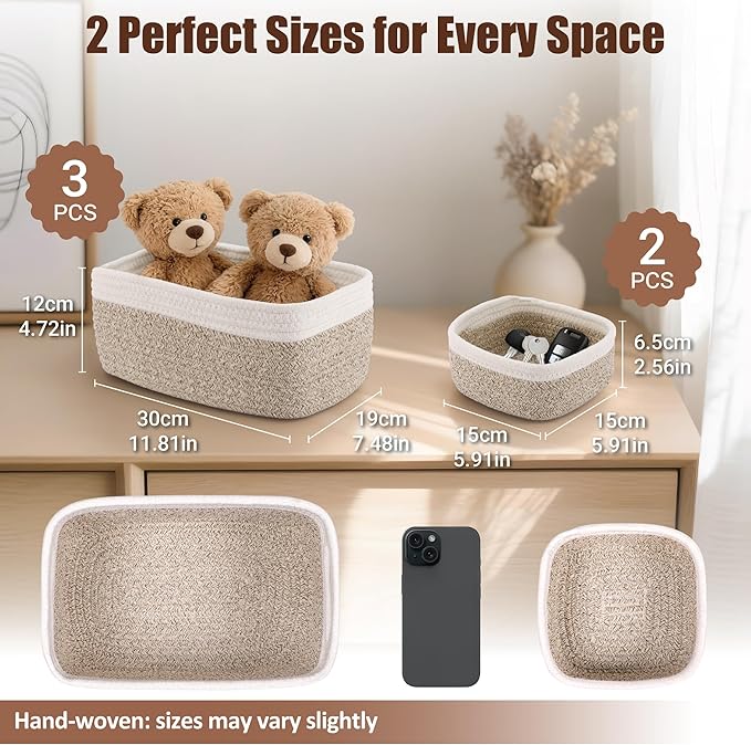 5-Pack Small Woven Rope Storage Baskets – 2 Sizes Organizer Bins for Closet, Shelf, Bookshelf, Nursery, Changing Table, Fabric Cube Boxes, Rectangular Shallow Bins for Bathroom, Toy & Home