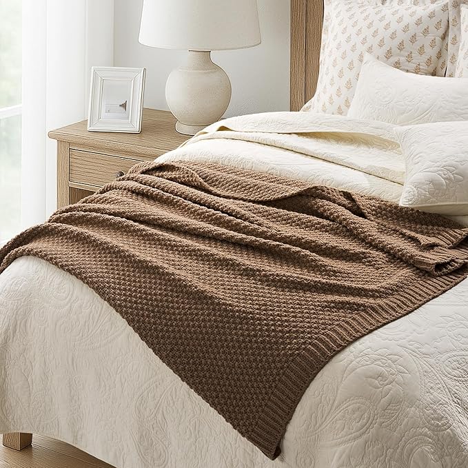 EVERGRACEHOME Chunky Chenille Knit Throw Blanket for Couch, Soft Luxurious Moss Stitch Blankets for Bed, Cozy Decorative Farmhouse Knitted Throws for Sofa, Camel Brown, 50" x 60"