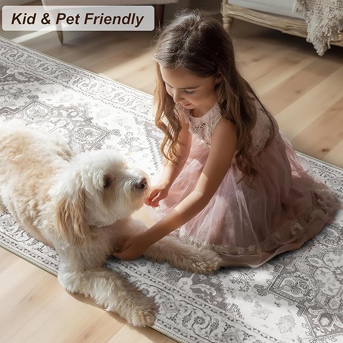 XWZO Runner Rug 2x10ft for Long Hallways, Washable Non-Slip Low Pile Area Rug with Rubber Backing, Spill Resistant Soft Vintage Floor Carpet for Kitchen Entryway Stair Landing Living Room, Grey