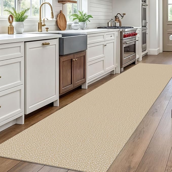 EARTHALL Washable Runner Rug 3x10 Ft Non Slip Runners for Hallways Long Cotton Rubber Backed Kitchen Runner Braided Indoor Floor Carpet Runners for Entryway, Hallway, Kitchen, Golden Beige/White