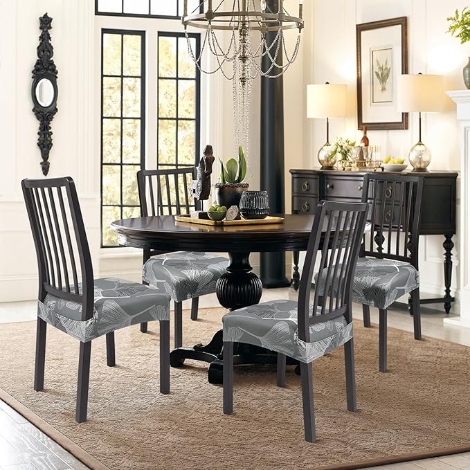 SearchI Stretch Dining Chair Seat Covers Set of 4, Soft Removable Washable Seat Covers for Dining Chairs, Dining Room Seat Cover Protector (Rear-Covered, Green Foliage)