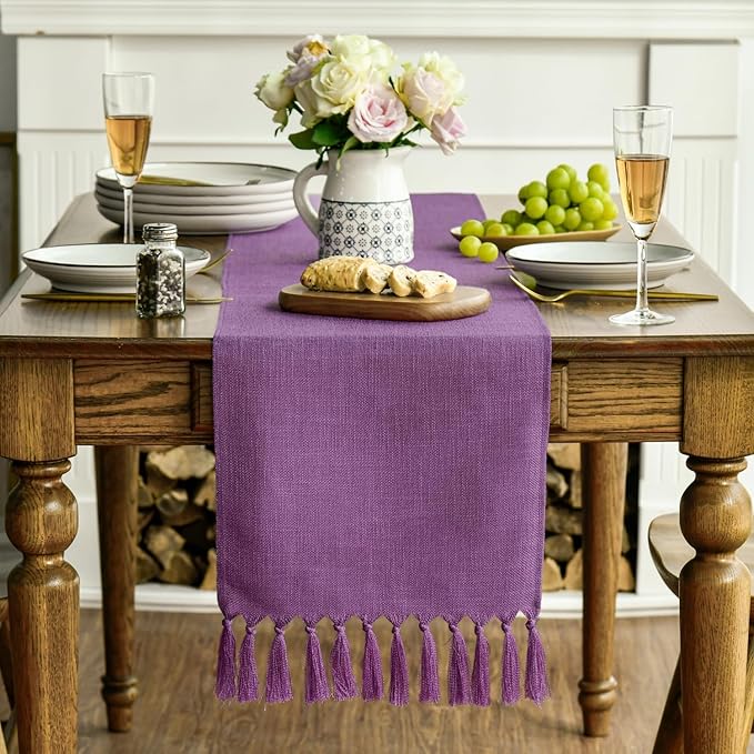 Artoid Mode Lilac Purple Tassel Table Runner, Mardi Gras Linen Blend Rustic Farmhouse Style Kitchen Table Decoration Holiday Wedding Party Dinning Decor 13x48 Inch