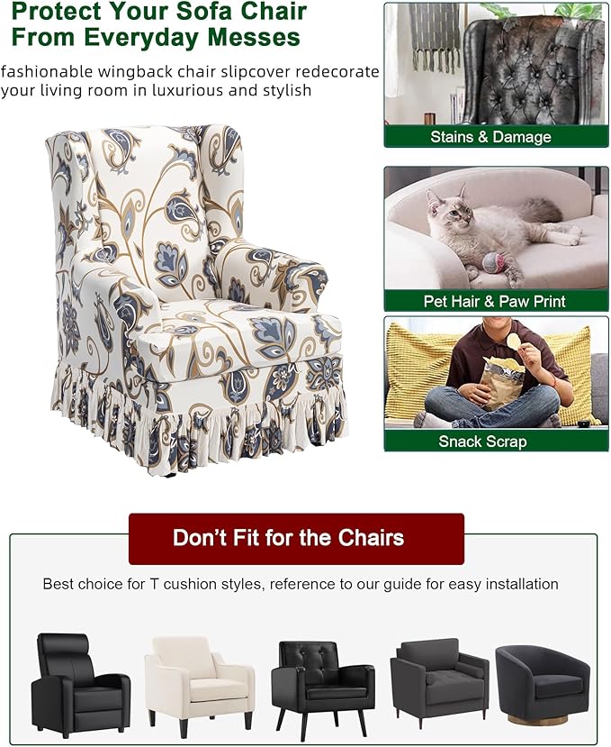 CRFATOP 2 Piece Stretch Wingback Chair Cover with Skirt Printed Wing Chair Slipcovers Spandex Fabric Wingback Armchair Covers with Cushion Slipcover for Living Room Bedroom Wingback Chair,C11