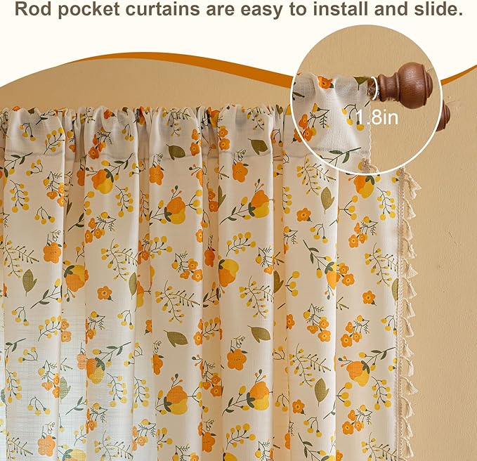OYX Yellow Boho Pattern Floral Curtains 84 Inch Length 2 Panels for Living Room, Bedroom Light Filtering Drapes, Vintage Country French Tassels Patterned Rod Pocket Aesthetic Decor Window Treatments