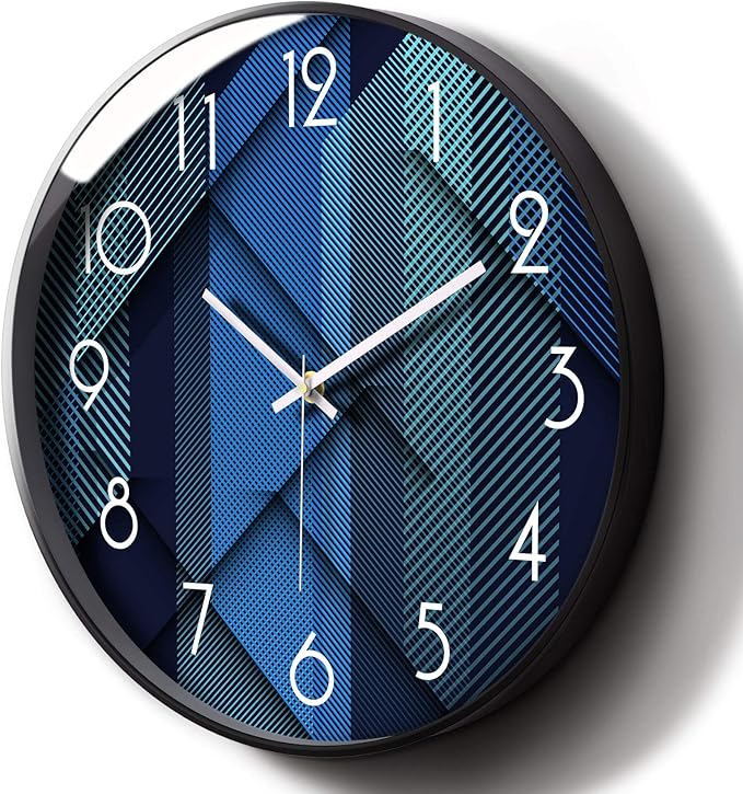 Modern Wall Clocks Battery Operated Blue Wall Analog Silent Clock Large Display Minimalist Round Quiet Non-ticking Cool Unique Wall Clocks for Living Room Bedroom Kitchen Office Bathroom Decor 12inch