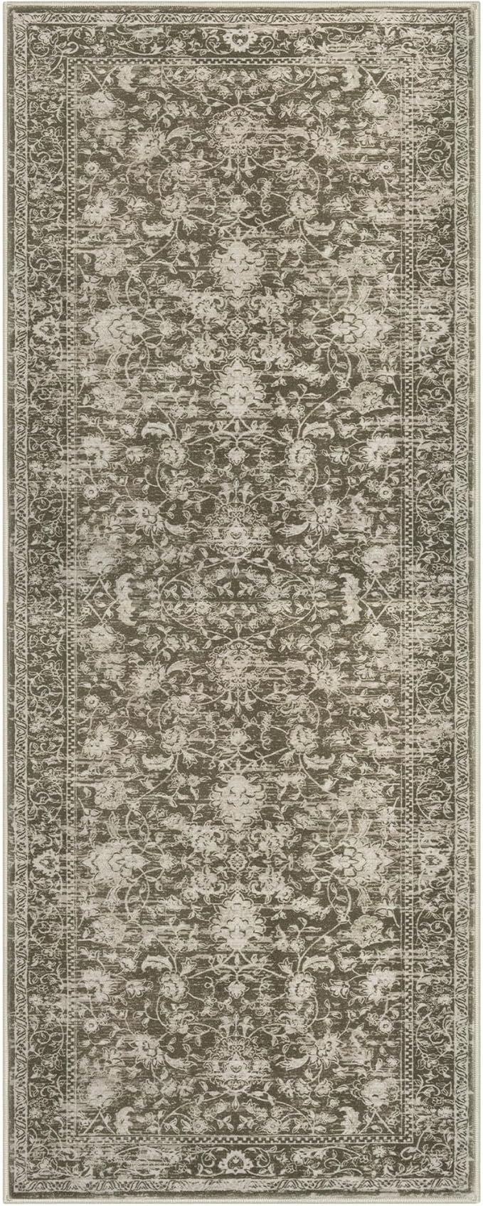 KILOCOCO Hallway Runner 2x6 Rug Runner Printed Vintage Floral Washable Kitchen Runners Non-Slip Rubber Backed Runners for Hallways Laundry Room Distressed Boho Rugs for Entryway Bedroom, Taupe/Green