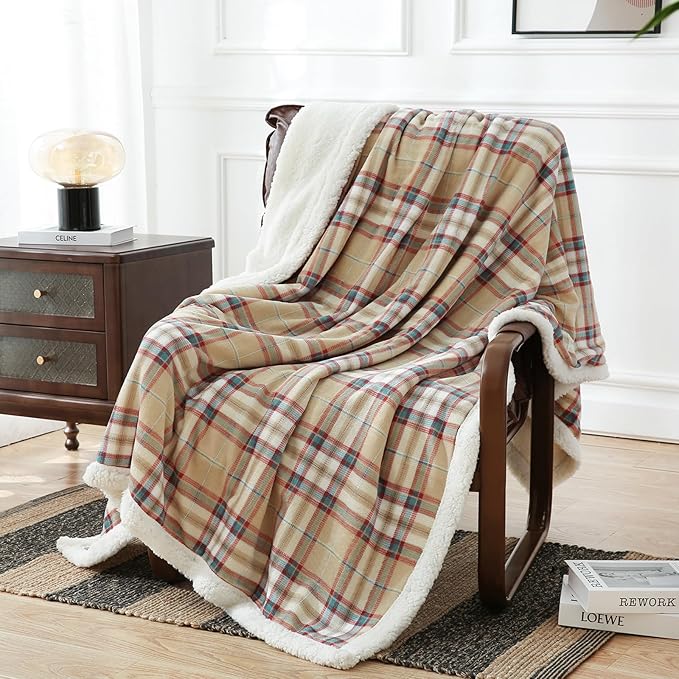 PU MEI Sherpa Blanket Twin Plaid Thick Bed Blanket, 60”*80” Super Soft Flannel Fuzzy Fleece Reversible Velvet Plush Warm Blanket for Couch (Yellow Red Check)