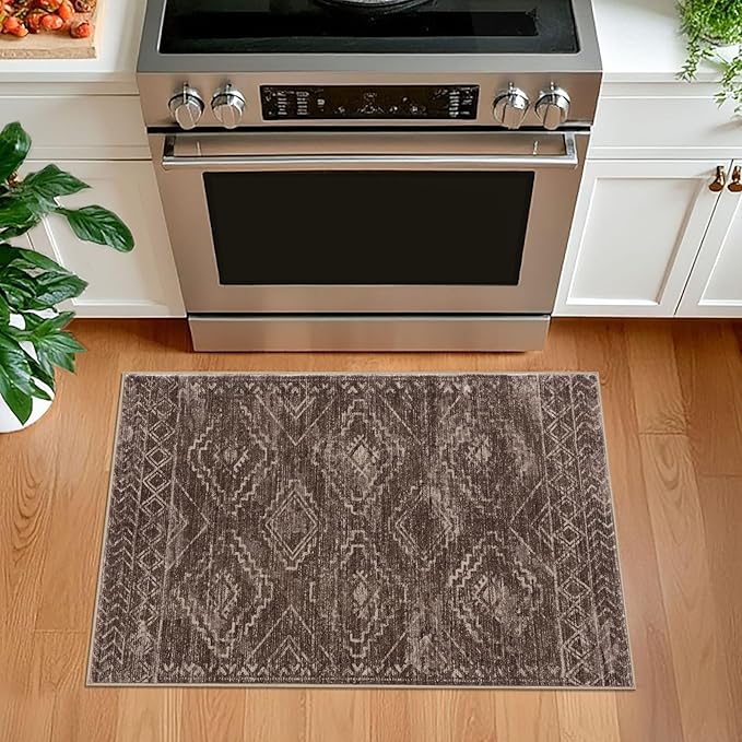 KILOCOCO Boho Entryway Rug 2x3 Printed Small Area Rug Indoor Door Mat Machine Washable Kitchen Rugs Soft Non Slip Throw Rugs for Bedroom Entrance Geometric Laundry Room, Rust Red/Brown