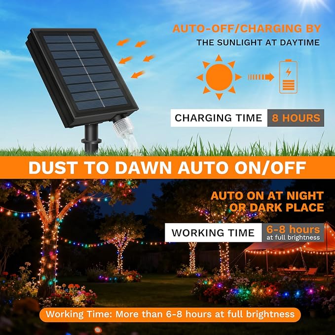 LED Outdoor Solar String Lights, 33FT 100 RGB LEDS, Solar Christmas Lights IP65, Supports APP/Music/8 Modes, Solar Outdoor String Lights for Patios, Gardens, Trees, Christmas Indoor Decorations