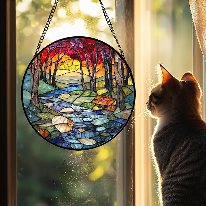 Stained Glass Window Hanging, Red Tree Abstract Sunset Lake Sun Catcher for Window Home Decor Landscape Suncatcher Mother's Day Birthday Gifts for Women Men Mom and Nana 11.8 in