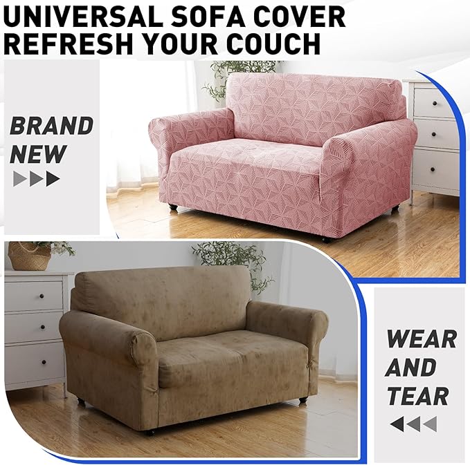 YEMYHOM 1 Piece Stretch Couch Covers for 2 Cushion Couch, Jacquard Loveseat Cover with Non-Slip Elastic Bottom, Thickened Slipcover Furniture Protector for Dogs Pets (Medium, Pink）