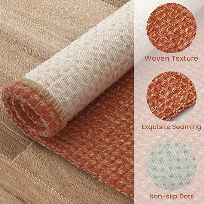 EARTHALL Woven Area Rug 4x6 Ft Washable Rugs for Entryway Non Slip Braided Throw Rugs Bedroom Carpet Cotton Entry Rug Cotton Floor Carpets for Bedroom Dining Room Living Room, Rustic Orange/Tan