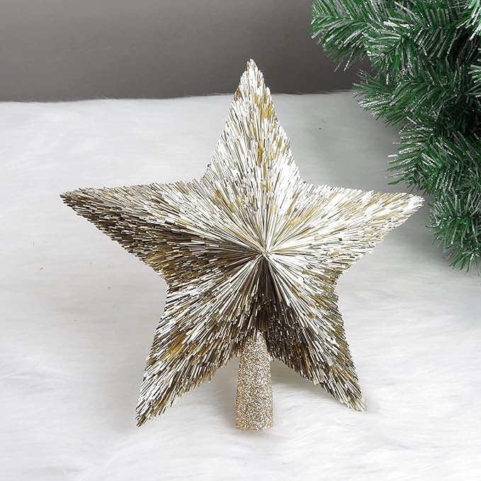 Elegant Christmas Star Tree Topper - Unique Champagne Gold Stars - Shatterproof Handmade Tree Top - Tinsel Decorations - Holiday Decor - Xmas Gift Christmas Ornaments - Toppers for Christmas Tree (8″)