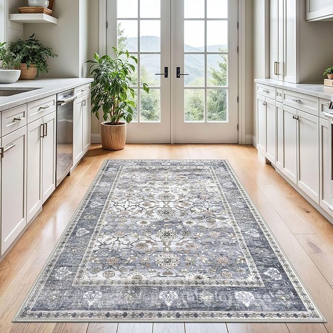 KUTA Washable Rug 4x6 Area Rug, Vintage Rug Indoor for Living Room, Non Slip Machine Washable Large Rugs, Soft Print Distressed Grey Blue Farmhouse Carpet for Bedroom Dining Room Dorm Office