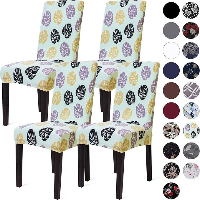 Sufdari Dining Chair Covers,Kitchen Chair Cover,Parsons Chair Slipcover,Spandex Chair Protectors for Dining Room Stretch Chairs Cover Set of 4 -Green Leaves
