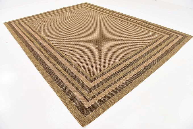 Unique Loom Outdoor Border Collection Area Rug - Multi Border (9' x 12' Rectangle, Light Brown/ Brown)