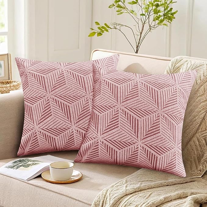 YEMYHOM Pack of 2 Throw Pillow Covers 18 x 18 Inch High Stretch Jacquard Pillowcase for Couch Sofa Living Room Home Decor, Pink