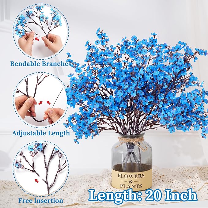 Yastouay Blue Fake Flowers Artificial Flowers, 5 Pcs Real Touch Silk Flowers Faux Artificial Flowers for Decorations, Babys Breath Artificial Flowers Bulk for Spring Decor Floral Arrangement