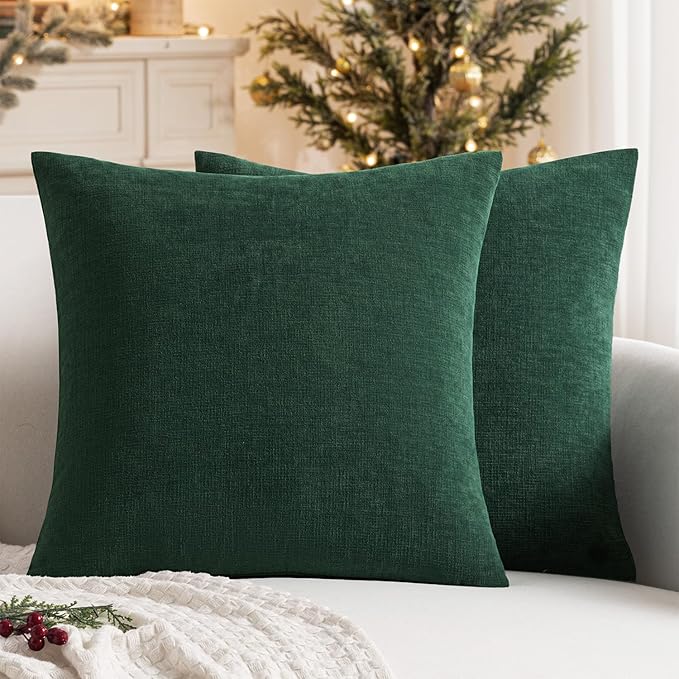 MIULEE Dark Green Couch Pillow Covers 18x18 Inch, Set of 2 Soft Chenille Decorative Square Throw Pillow Covers Christmas Farmhouse for Sofa Living Room Bed