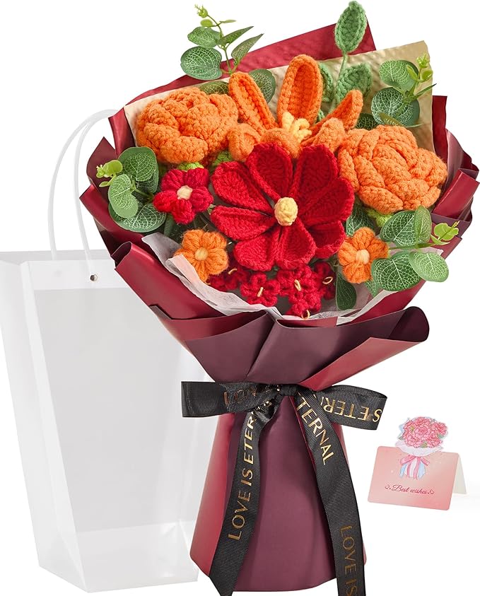 Alecono Crochet Flower Bouquet, Orange and Burgundy Knitted Flowers, Red Crochet Tulip Galsang Flower for Lover Anniversary Birthday Party Mother's Day Graduation Gifts (Include Card)
