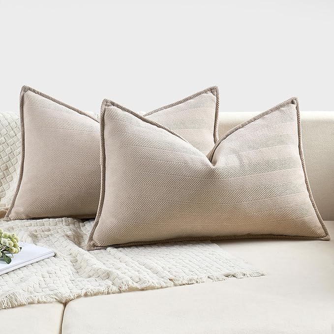 MIULEE Pack of 2 Beige Decorative Lumbar Pillow Covers 12x20 Inch Soft Chenille Luxurious Couch Throw Pillows Farmhouse Cushion Covers with Elegant Design for Sofa Bedroom Living Room Home Decor