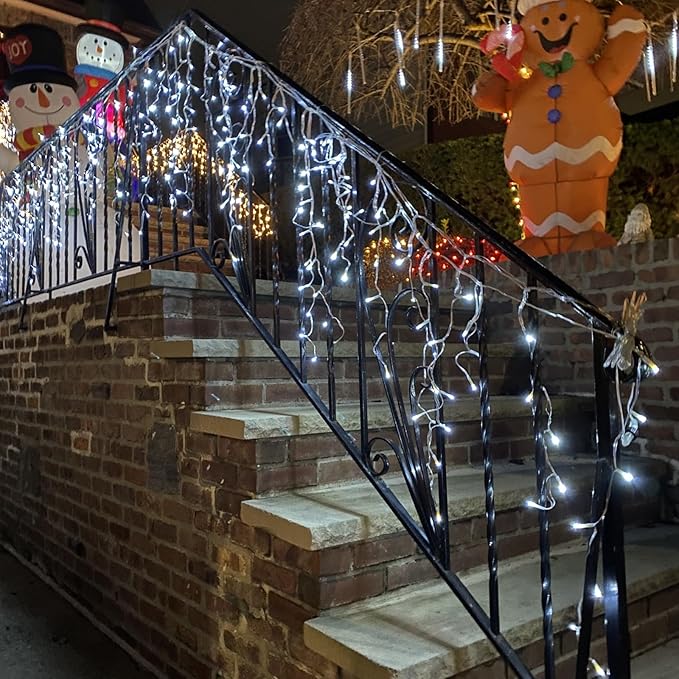 YEGUO 33ft 400 LED Icicle Lights Outdoor, 80 Drops Icicle Christmas Lights Connectable, 8 Modes White Icicle String Lights with Timer Memory Indoor