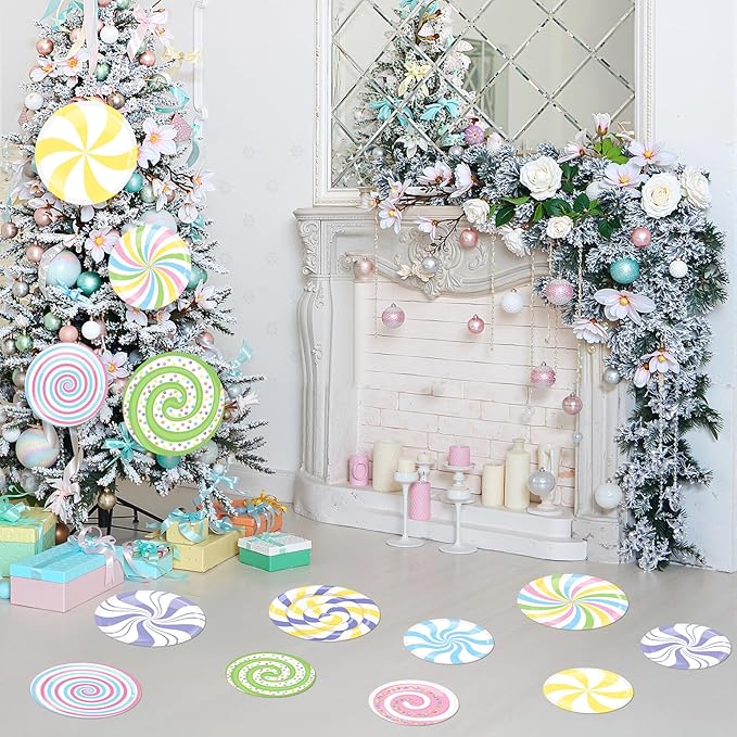 16 Pcs Large Peppermint Christmas Floor Decals Removable Pastel Candy Christmas Floor Stickers Xmas Wall Decals for Home Counters Party Decorations(Pastel,Cute)
