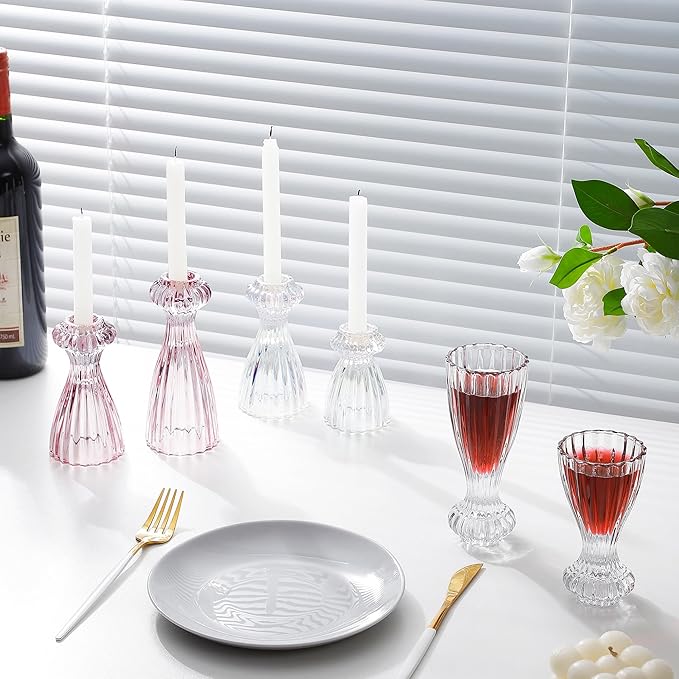 Lysenn Glass Candle Stick Holder Set of 3 – Premium Taper Candle Holders for Romantic Ambiance - Candle Sticks Holder Decor for Special Occasions - Purple