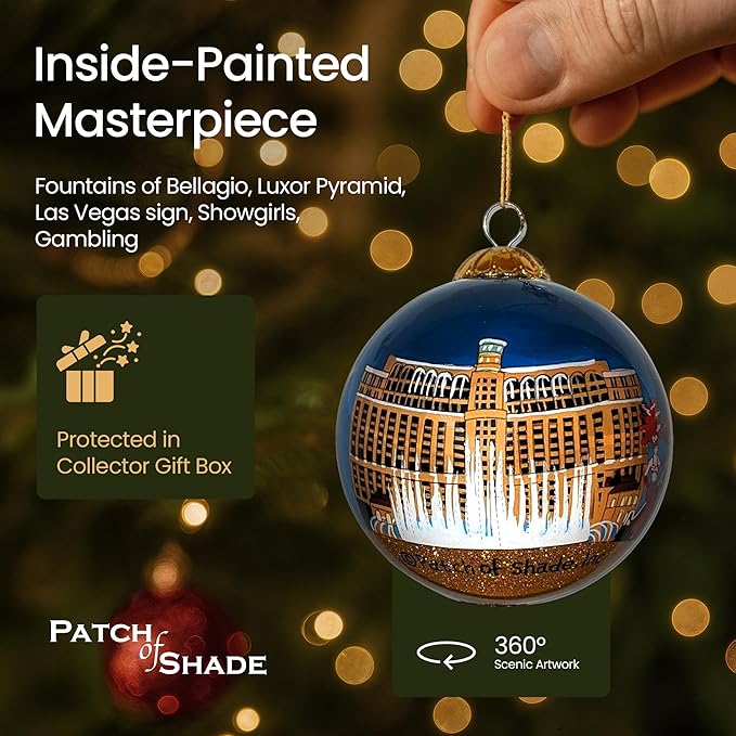 Las Vegas Christmas Ornament Hand Painted from Inside with Gift Box
