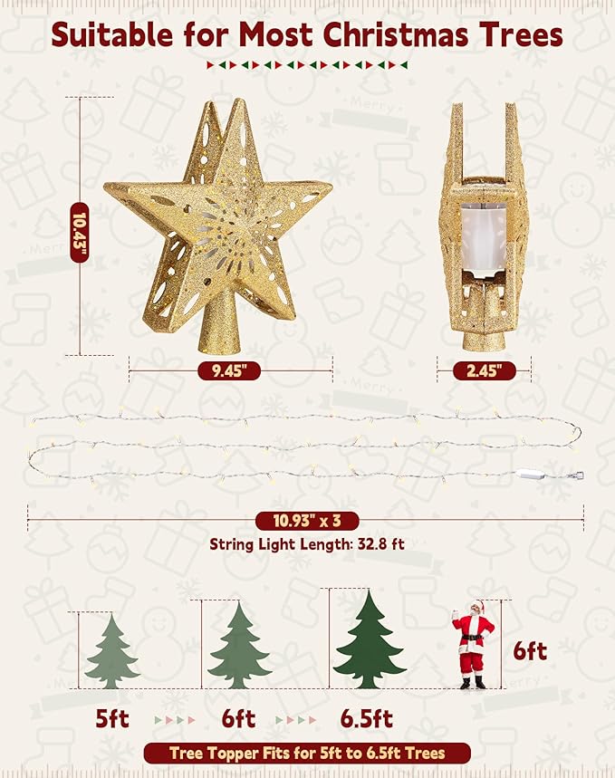 Christmas Tree Topper with 32.8FT Warm Light Cord and 6 Projection Modes, Christmas Star Tree Topper Built-in LED Rotating Projector Lights, 3D Glitter Christmas Tree Decorations (Gold)